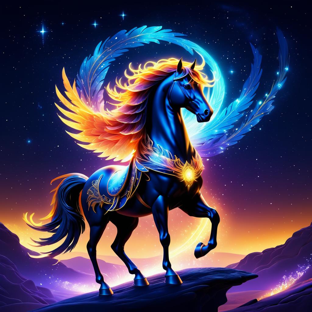 Mystical Phoenix on Horse Under Starry Sky