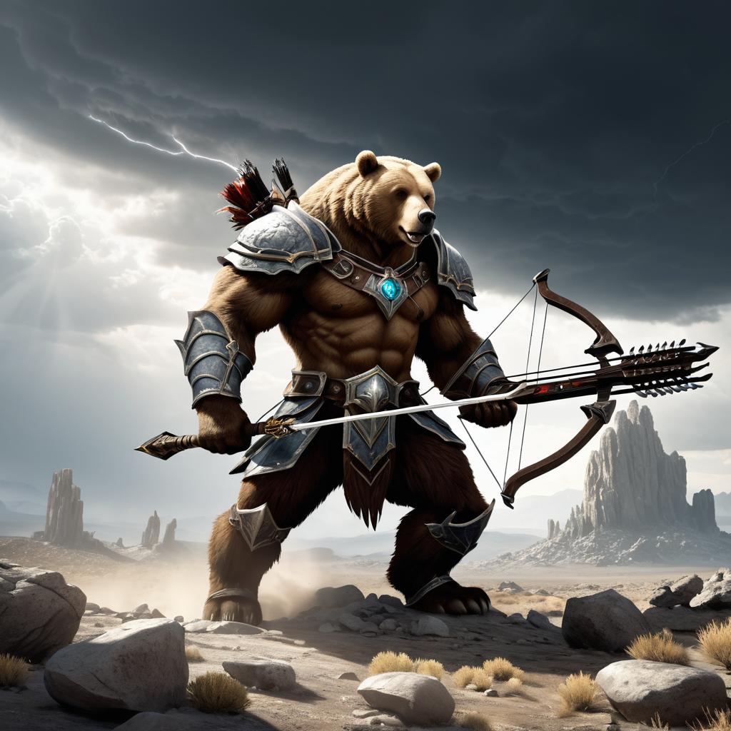 Epic Centaur-Bear Battles Stormy Wasteland