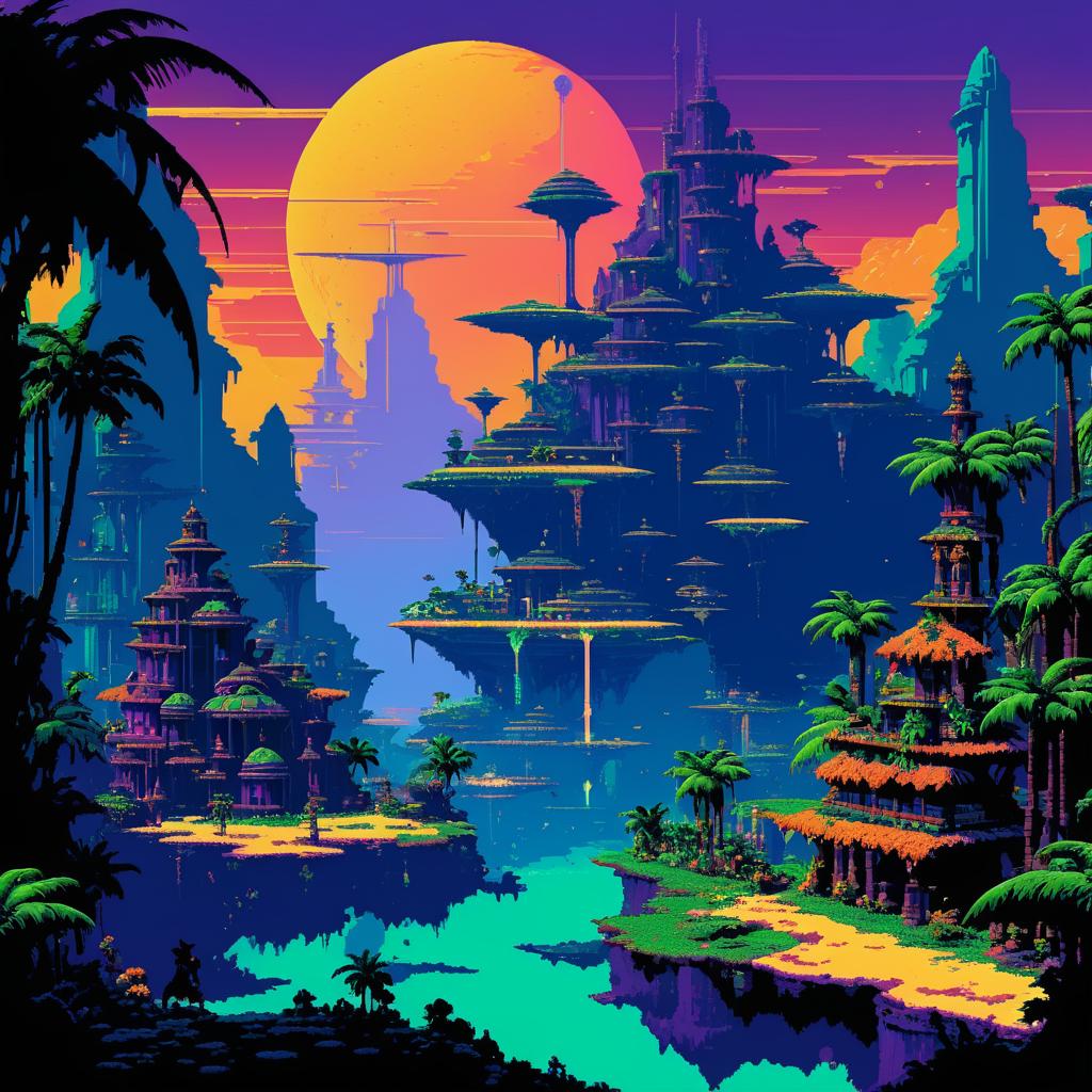 Alien Jungle Port Town in Pixel Art