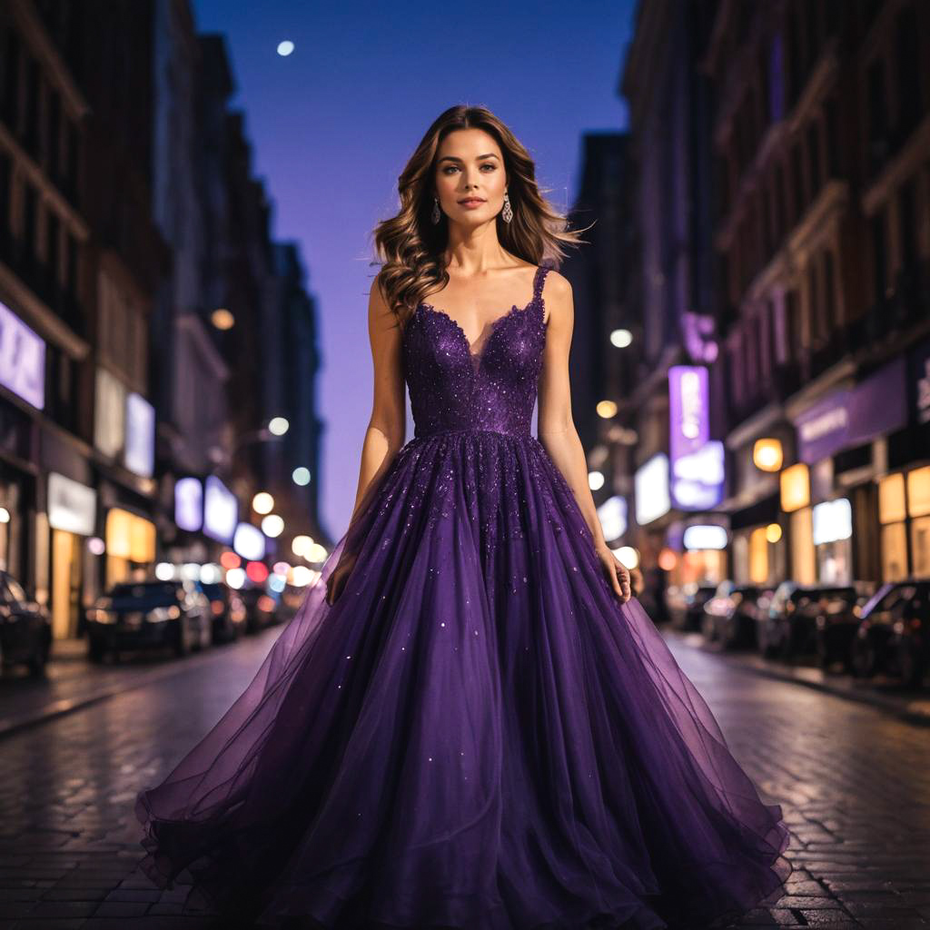 Elegant Petite Woman in Purple Gown