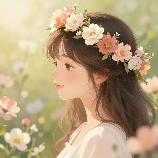 Digital anime-style portrait of a young woman with long brown hair, wearing a pink and white flower crown, smiling gently in a sunlit flower field.