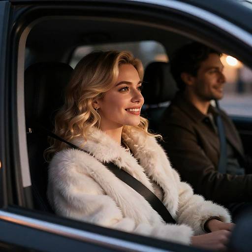 Couple in Car at Night with Warm City Lights