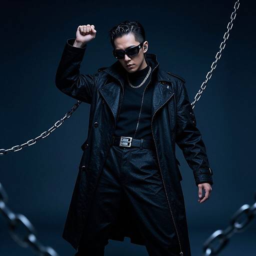 Photograph of a tough, dark-haired man in black outfit, sunglasses, and chain, raising fist against a blue-lit, chain-filled background.
