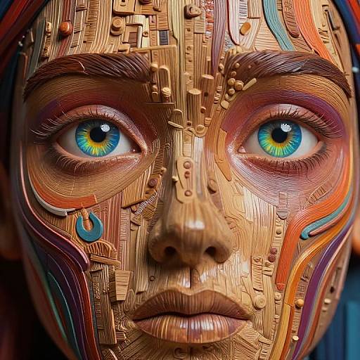 Digital art of a face with blue eyes, featuring intricate, colorful, mechanical patterns and textures blending human and machine elements.
