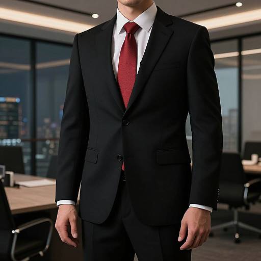 Photograph of a man in a black suit, white shirt, and red tie, standing in a modern, well-lit office with large windows and