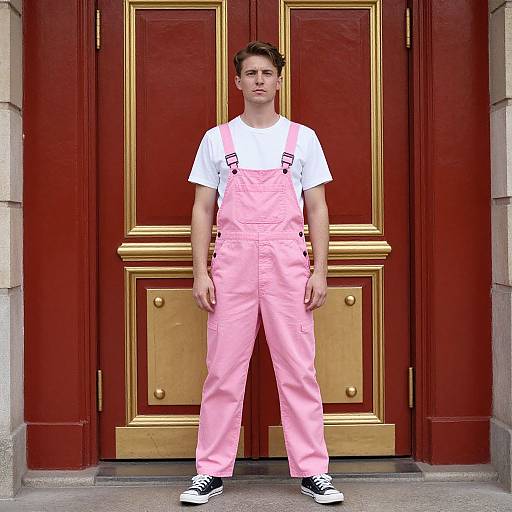Man in Pink Overalls by Ornate Door