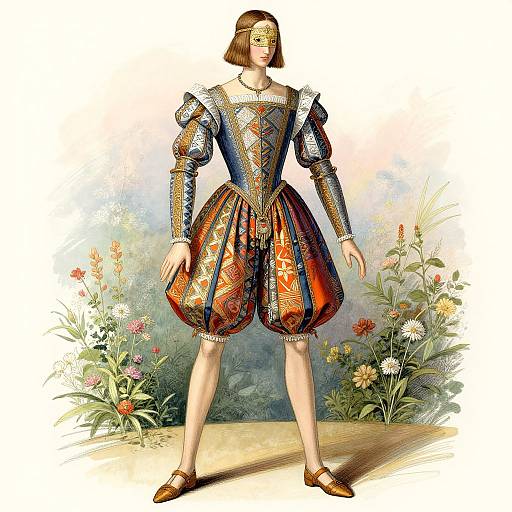 Renaissance-style illustration of a woman in ornate, puffed-sleeve, and patterned Renaissance dress, standing in a garden with colorful