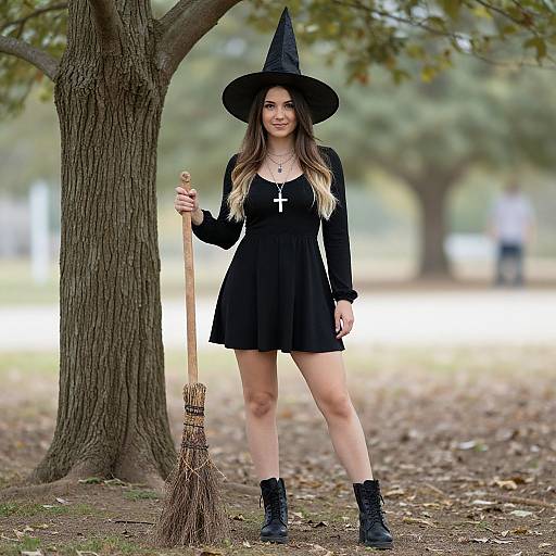 Photograph of a young woman with long brown hair, wearing a black witch hat, dress, and boots, holding a broom, standing in a