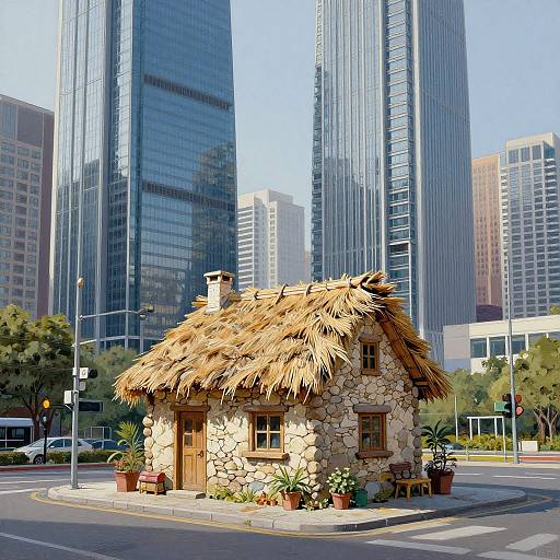 Photograph of a small, stone cottage with a thatched roof, surrounded by potted plants, in front of towering modern skyscrapers. Urban