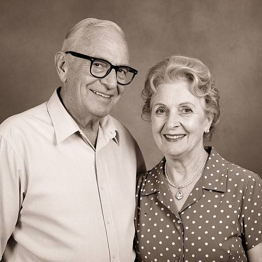 Black-and-white photograph of an elderly couple smiling. The man wears glasses and a light shirt, the woman a polka-dot blouse with a necklace.