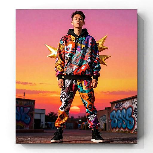 Photograph of a young man with short black hair, wearing a colorful, star-spiked, graffiti-patterned hoodie and pants, standing confidently at sunset