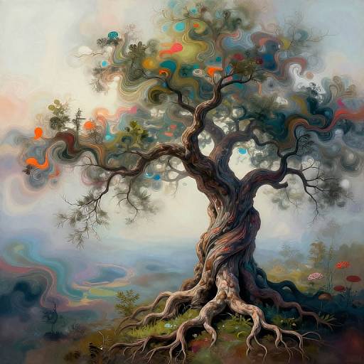 Digital painting of a twisted, ancient tree with swirling, colorful abstract foliage against a misty, ethereal background, blending realism and surrealism.
