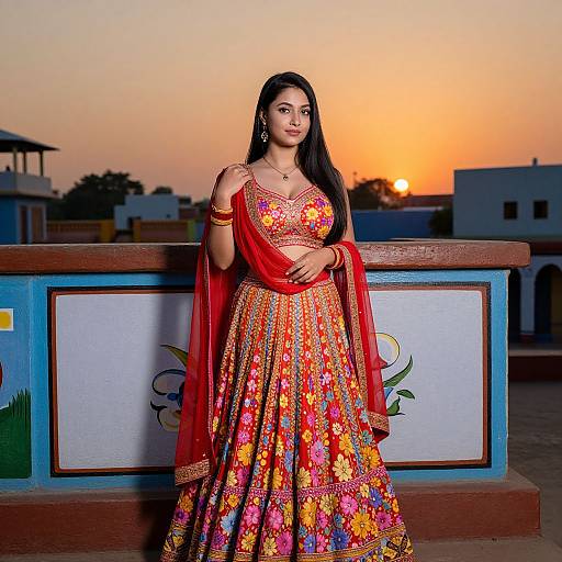 Photograph of a beautiful South Asian woman in a vibrant red and gold floral traditional saree with a red stole, standing against a sunset background, in