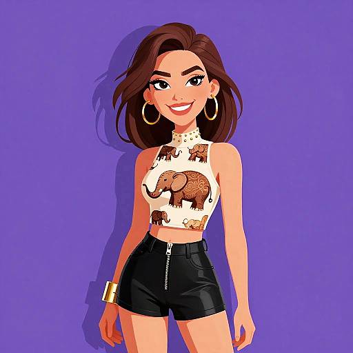Digital illustration of a smiling woman with brown hair, wearing a white elephant-print sleeveless top, black leather shorts, gold hoop earrings, and a gold