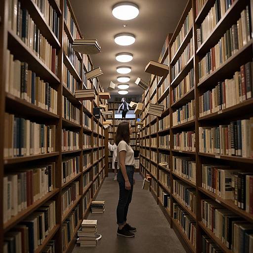 Photograph of a library aisle with wooden shelves filled with books, two people browsing, overhead circular lights, and stacked books on the floor.