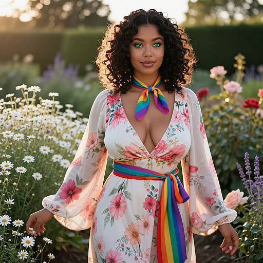 Photograph of a curly-haired Black woman with green eyes, wearing a floral dress with a deep V-neck, rainbow ribbon, standing in a sunlit