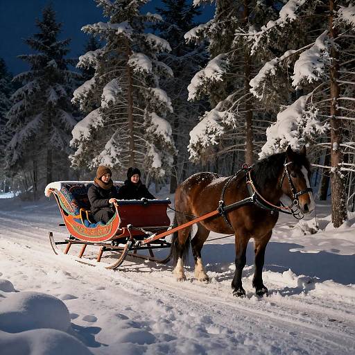 Horse-Drawn Sleigh Ride in Snowy Forest at Night