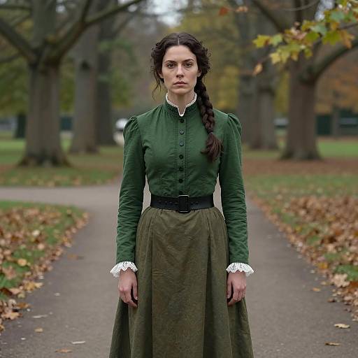 Woman in Victorian Frankenstein Costume in Autumn Park