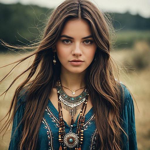 Boho Style Woman with Long Hair and Jewelry