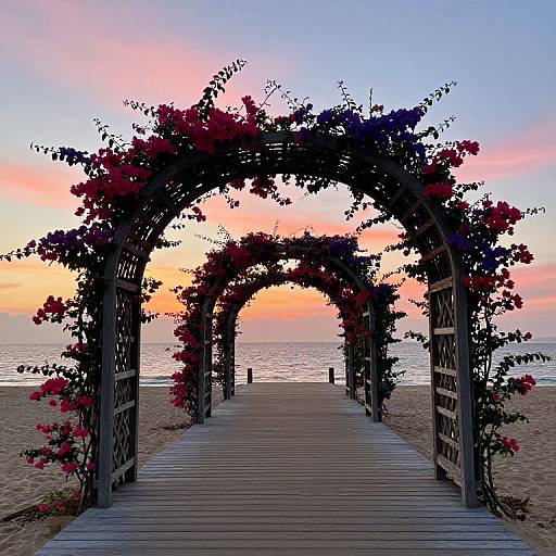 Photograph of a wooden pier archway with red flowers, leading to a serene beach at sunset, with a pastel sky.