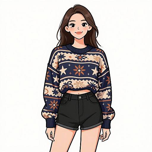 Smiling Woman in Patterned Knitwear