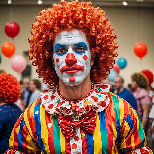 Man in Colorful Clown Costume with Red Curly Wig