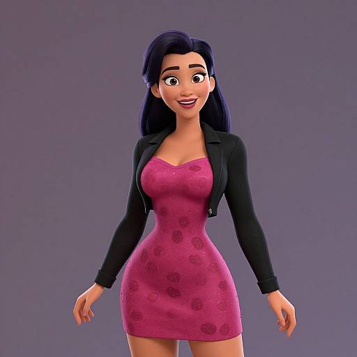 3D CGI image of a smiling woman with long blue hair, wearing a pink floral dress and black jacket, standing against a gray background.