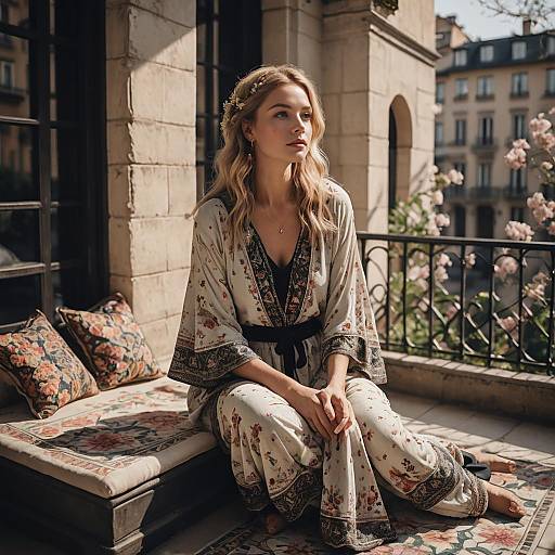 Bohemian Woman Sitting on Old-World Balcony