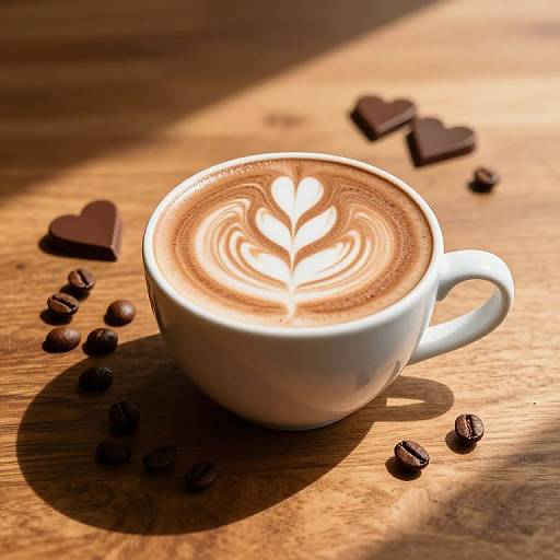 Photograph of a white ceramic cup with a latte art leaf pattern, surrounded by scattered coffee beans and heart-shaped chocolate pieces on a wooden table.