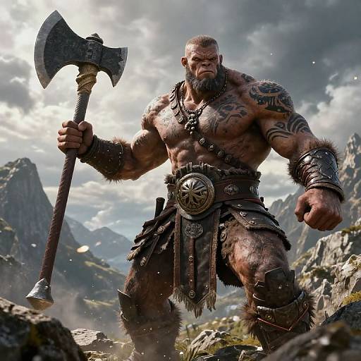 Photorealistic digital artwork of a muscular, bearded Viking warrior with tattoos, holding an axe, wearing fur and leather armor, standing in a mountain