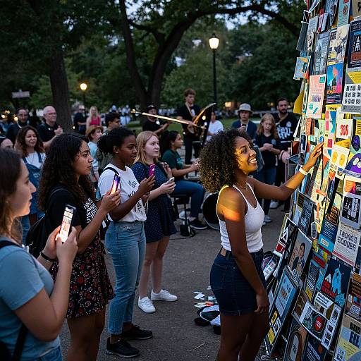 Photograph of diverse young people at dusk, standing in a park, interacting with a brightly lit, colorful sticky note wall.