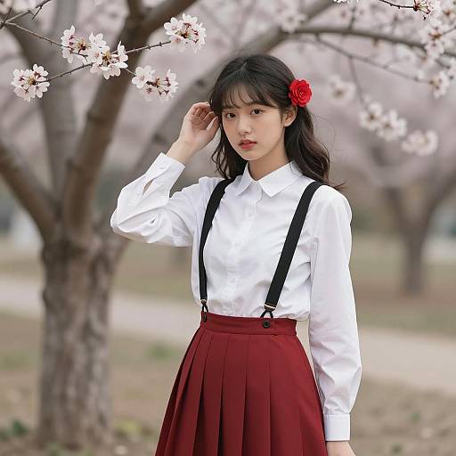 Young Woman with Red Flower in Spring Blossom