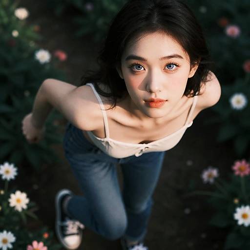 Young Woman in Flower Garden Looking Up