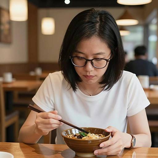 Asian Woman Eating Noodles with Chopsticks in Restaurant