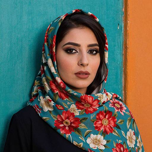 Photograph of a woman with dark hair, wearing a blue floral headscarf, black top, standing against a turquoise and orange wall.