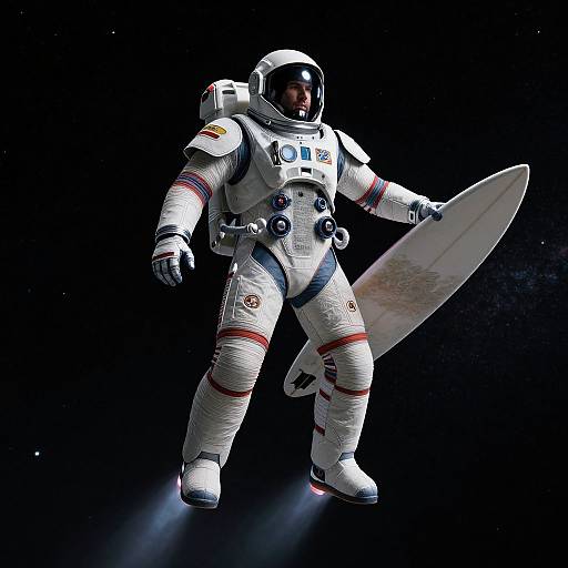 Photorealistic CGI of an astronaut in a white spacesuit with red stripes, helmet, and holding a surfboard, floating in dark space.