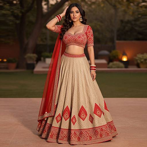 Photograph of a beautiful Indian woman with long black hair, wearing a red and gold embroidered traditional lehenga and choli, standing outdoors at dusk.