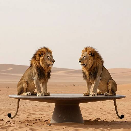 Photograph of two majestic lions with lush manes, sitting on opposite sides of a circular table in a vast, sandy desert.