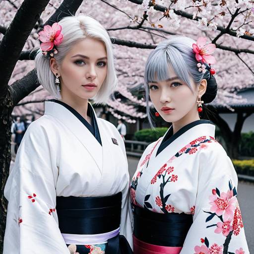 Two Women in Kimono Among Cherry Blossoms