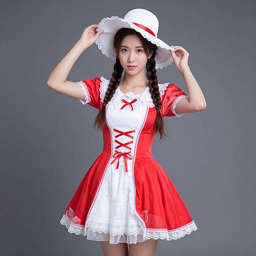 Asian woman in red and white lace-trimmed dress, white hat with red ribbon, braid pigtails, gray background, holding hat br