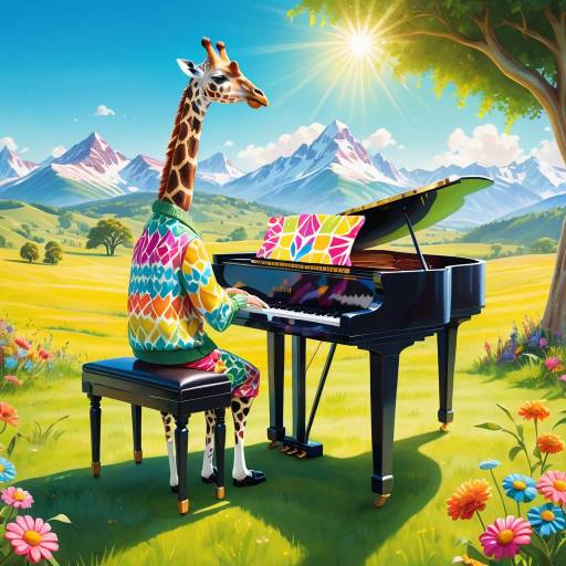 Whimsical Giraffe Playing Piano in Meadow