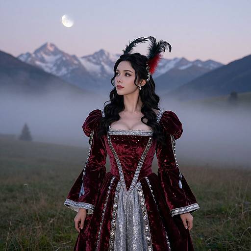 Photograph of a young Asian woman in a Victorian-style maroon velvet dress with silver trim, black feathered hat, standing in a misty mountain