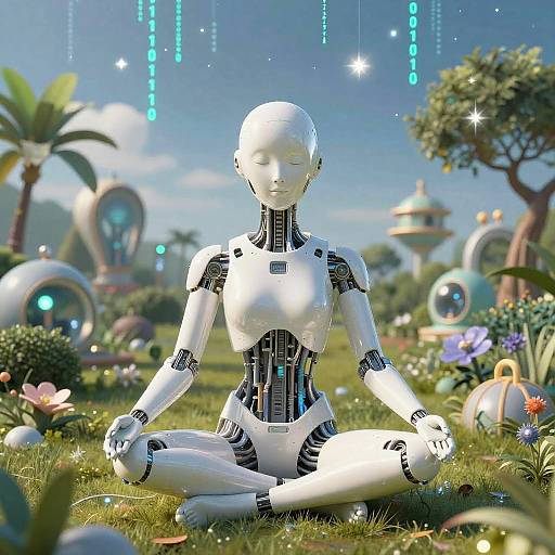 Humanoid AI Meditating in Digital Garden