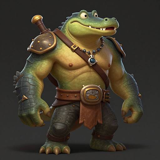 Digital CGI of a muscular, anthropomorphic green crocodile warrior with armor, a sword, chain necklace, and leather pants, standing confidently.