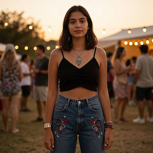 Photograph of a young woman with medium brown skin and straight black hair, wearing a black crop top and embroidered jeans, standing in a sunset-lit