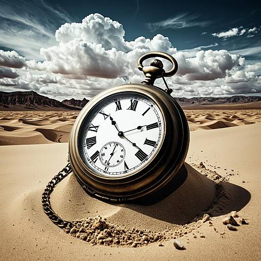 Giant Pocket Watch Half-Buried in Desert Sand