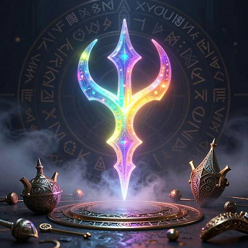 Digital artwork of a glowing, multicolored, Trident-like magical staff rising from a mystical circle, surrounded by ornate silver pots and runes.