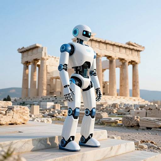 Photograph of a white and blue humanoid robot standing in front of ancient Greek-style stone columns in a sunlit, rocky landscape.
