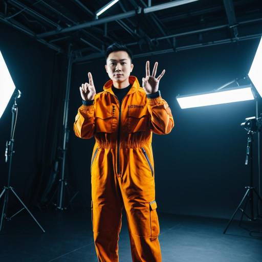 Man in Orange Jumpsuit Showing Four Fingers