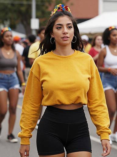 Woman in Mustard Yellow Sweatshirt at Cultural Celebration